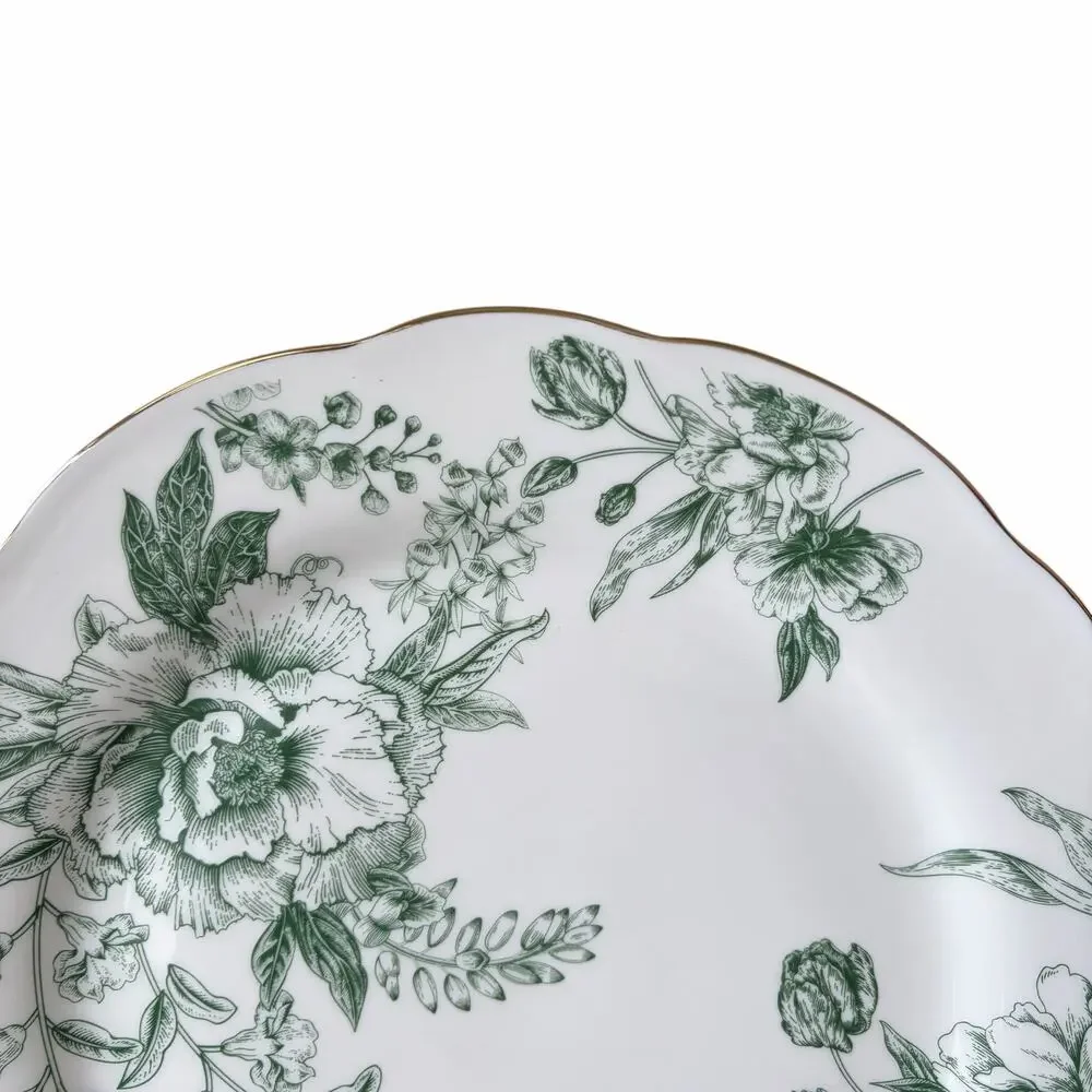 Medici Green Floral Toile Dinner Plates 10.5in Set of 4 Scalloped Porcelain New